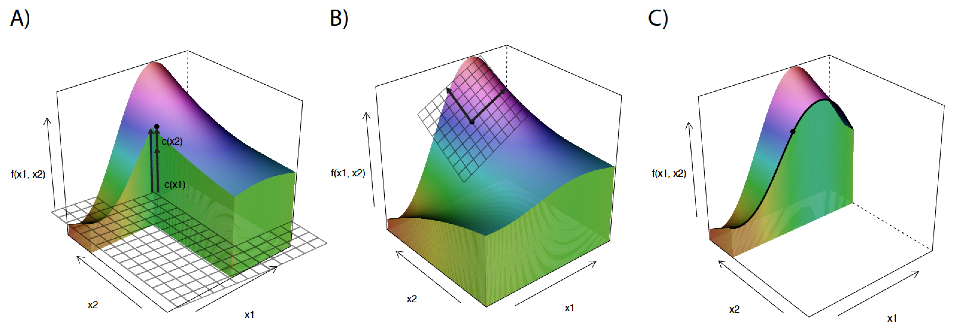 Illustration of different approaches to instance-level exploration. The plots present response (prediction) surface for a (black-box) model that is a function of two explanatory variables. We are interested in understanding the model response (prediction) at a single point (observation). Panel A illustrates the concept of variable attributions. The additive effect of each variable shows how does the prediction for the particular observation differ from the average. Panel B illustrates the concept of explanations through local models. A simpler glass-box model is used to approximate the black-box model around the point (observation) of interest. It describes the local behaviour of the model. Panel C presents a “What-if” analysis with a ceteris-paribus profile. The profile shows the model response (prediction) as a function of a single explanatory variable while keeping the values of all other explanatory variables fixed.